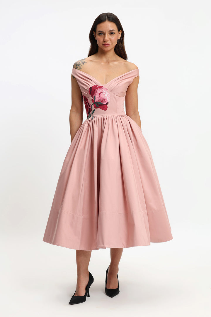 OFF SHOULDER CORSETED MIDI