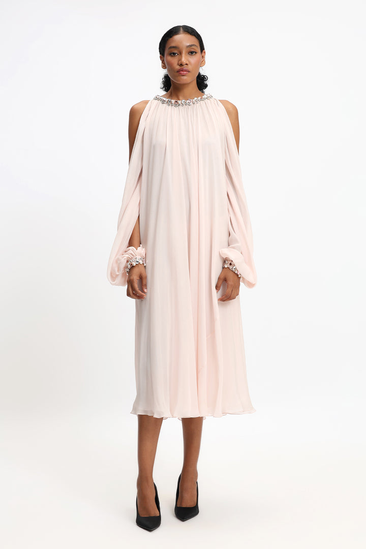 Flowing Chiffon Dress with Slit Sleeves