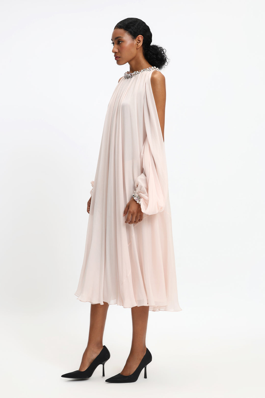 Flowing Chiffon Dress with Slit Sleeves