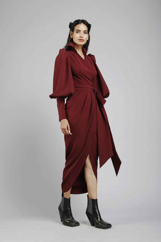 Collared pouf sleeves wrap dress Gauri and Nainika